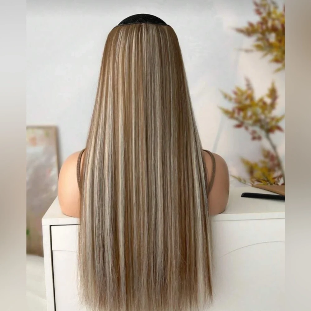 Human Hair Blend Light Brown & Light Blonde highlights Hair Extensions 24 in